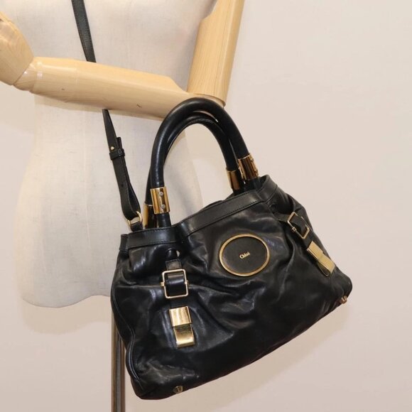 Chloe Hand Bag Leather 2way Black Gold Auth